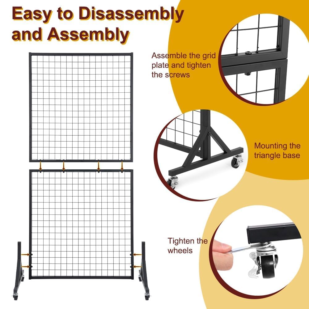 OUDUCK 3' x 6' Grid Wall Panels Standing Wire Grid, Sturdy Display Rack with T-Base Wheels Freestanding Gridwall Panel Tower for Shows, Black