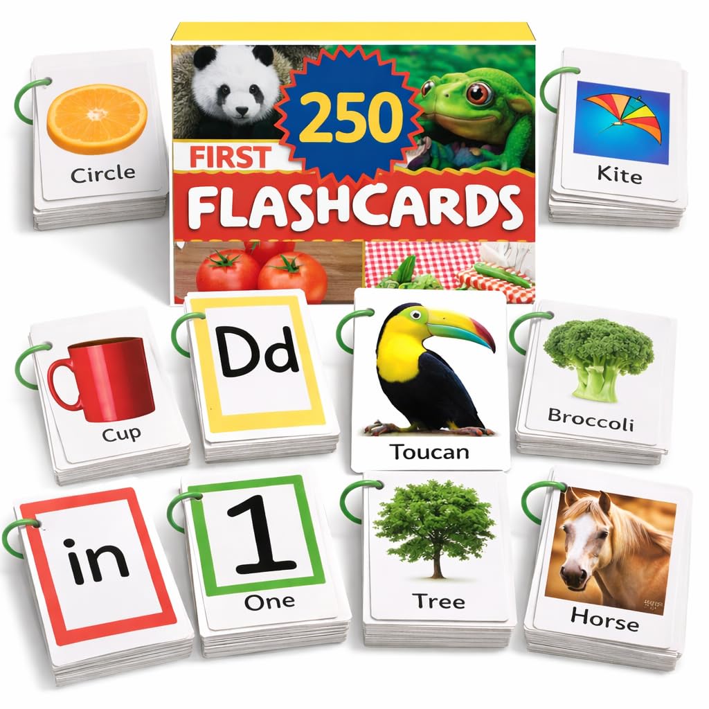 250 Thick & Sturdy Learning Flashcards for Toddlers 1-3 with Rings - Alphabet Flash Cards & Sight Words for Toddlers 2-4 yrs Included - Toddler Flash Cards Ages 2-3