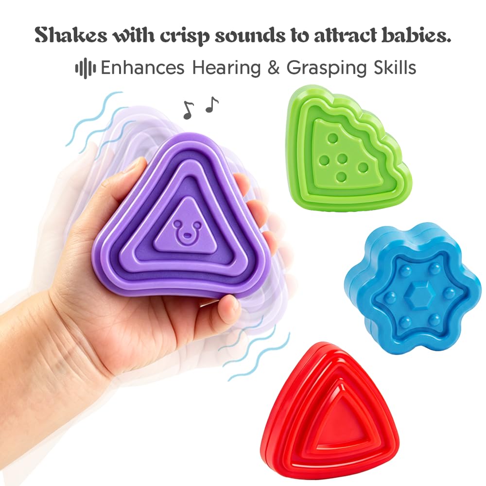 Caiery 4 in1 Montessori Toys for 1 Year Old,17 Pcs Boys Girls 1st Birthday Gifts, Stacking Cups,Shape Sorter,Multi Sensory Shapes for Babies Early Educational Baby Travel Toys for Toddler 6-12 Months