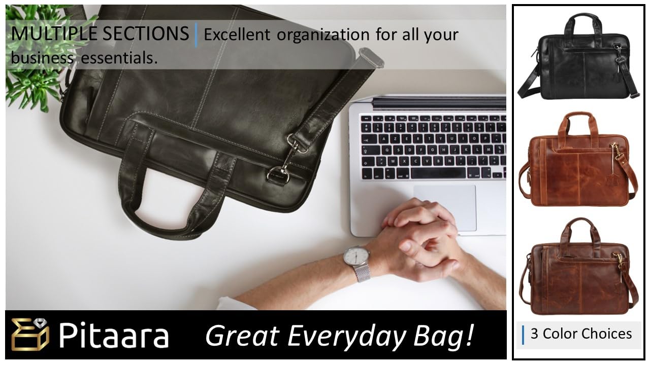Pitaara Genuine Leather Messenger Laptop Bag For Men And Women, Black Briefcase, Fits Laptop Size 16", Unisex