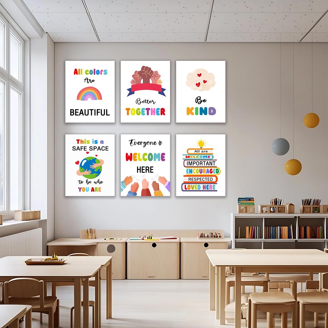 Classroom Canvas Wall Art, Kindness Diversity Canvas for Classroom Decorations，Teacher Canvas for Elementary Classroom Decor，Diversity Decorations for Classroom Canvas,Tabletop/Hanging，6-pack(29 x 38 cm) framed