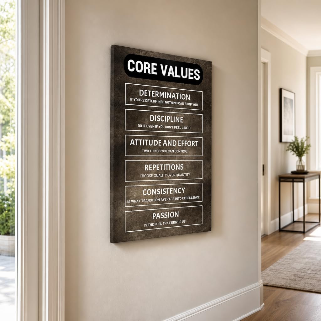 Inspirational Wall Decor Canvas - Modern Entrepreneur Art for Business Motivation, Premium Office Poster with Core Values Design, Wooden Framed Picture for Home Workspace or Team Room, 24x18 Inch