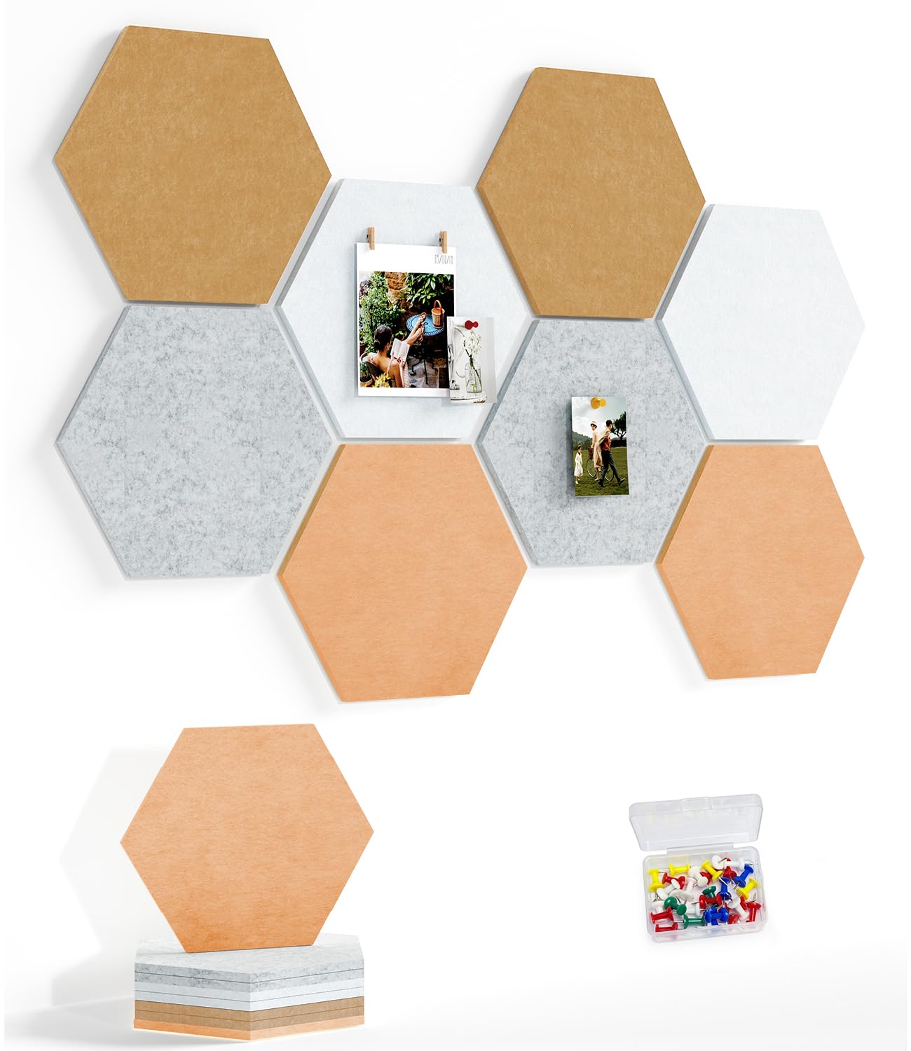 Uoisaiko 8 Pack Hexagon Felt Bulletin Board Tiles - 12" Large Thick Pin Board for Walls with 30 Push Pins, DIY Boards for Office Home School Decor, Aesthetic Hex Cork Board Alternative