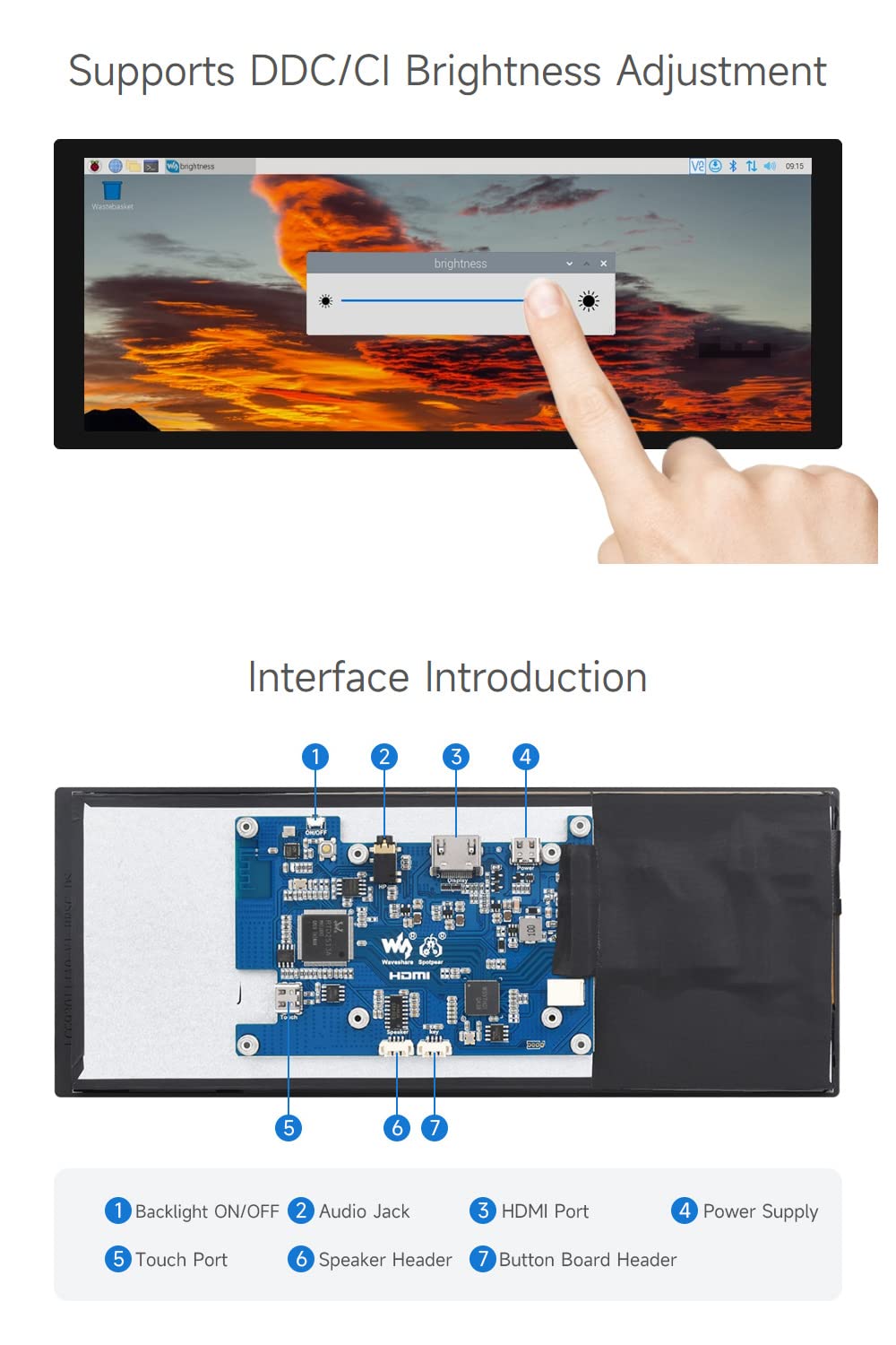 waveshare 9.3inch Capacitive Touch Display, 1600×600 Resolution, Raspberry Pi 5/4B/3B/Zero/Zero W/Zero 2W/Pico/Pico W/Pico WH, Support Jetson Nano/Jetson Orin Nano, Supports Windows 11/10/8.1/8/7