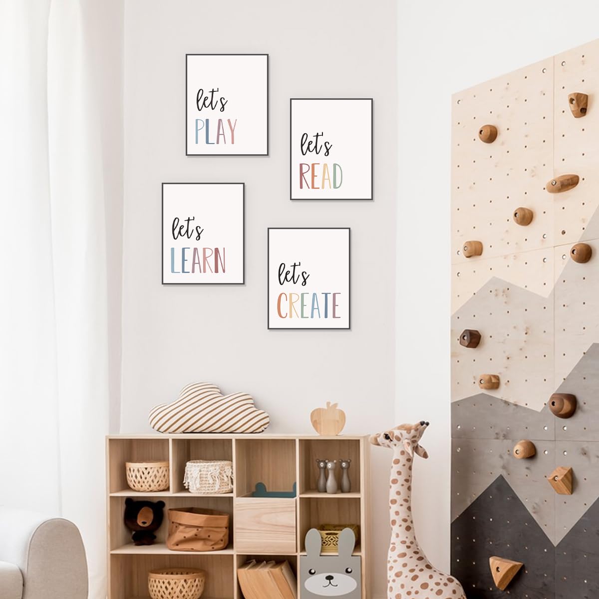 PLKMN Let's Play Read Wall Art Prints Decor Set of 4 - Play Room Essentials, Boho Neutral Let's Learn Let's Create