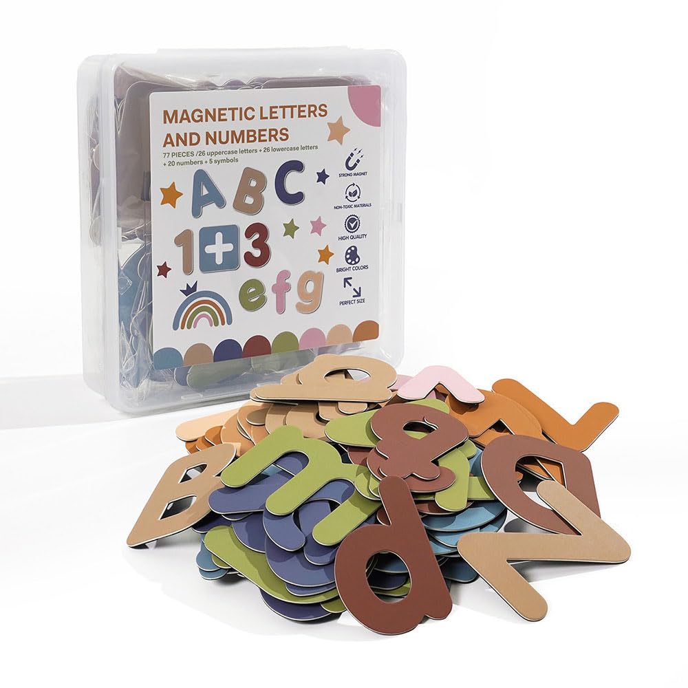 77 PCS Boho Magnetic Letters & Numbers Set, Uppercase & Lowercase Letters with Symbols, Full Magnetic Backing Decorative Fridge & Whiteboard Magnets, Earth Tone Home & Office Decor