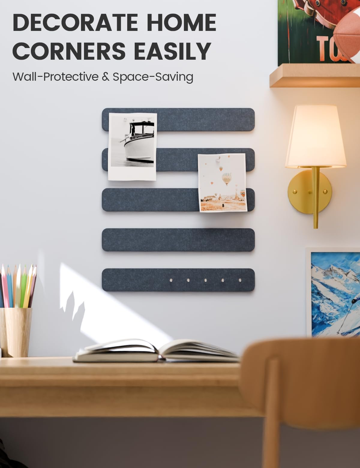 Fluxynara Cork Board Alternative Felt Strip Board 5-Pack 13"x2", Office Pin Board with 35 Push Pins, Adhesive Install for Bedroom Door & Home Office (Denim Blue)