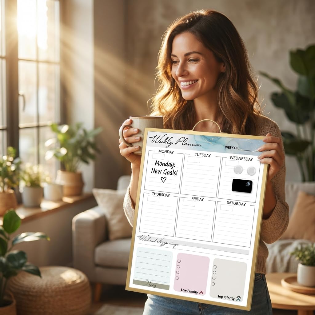 Lulu Office Magnetic Dry Erase Board 12x16 with Handle, Double Sided Portable Gold Whiteboard for Home, Office, School & Kitchen, Includes Weekly & Monthly Magnetic Planner Sheets