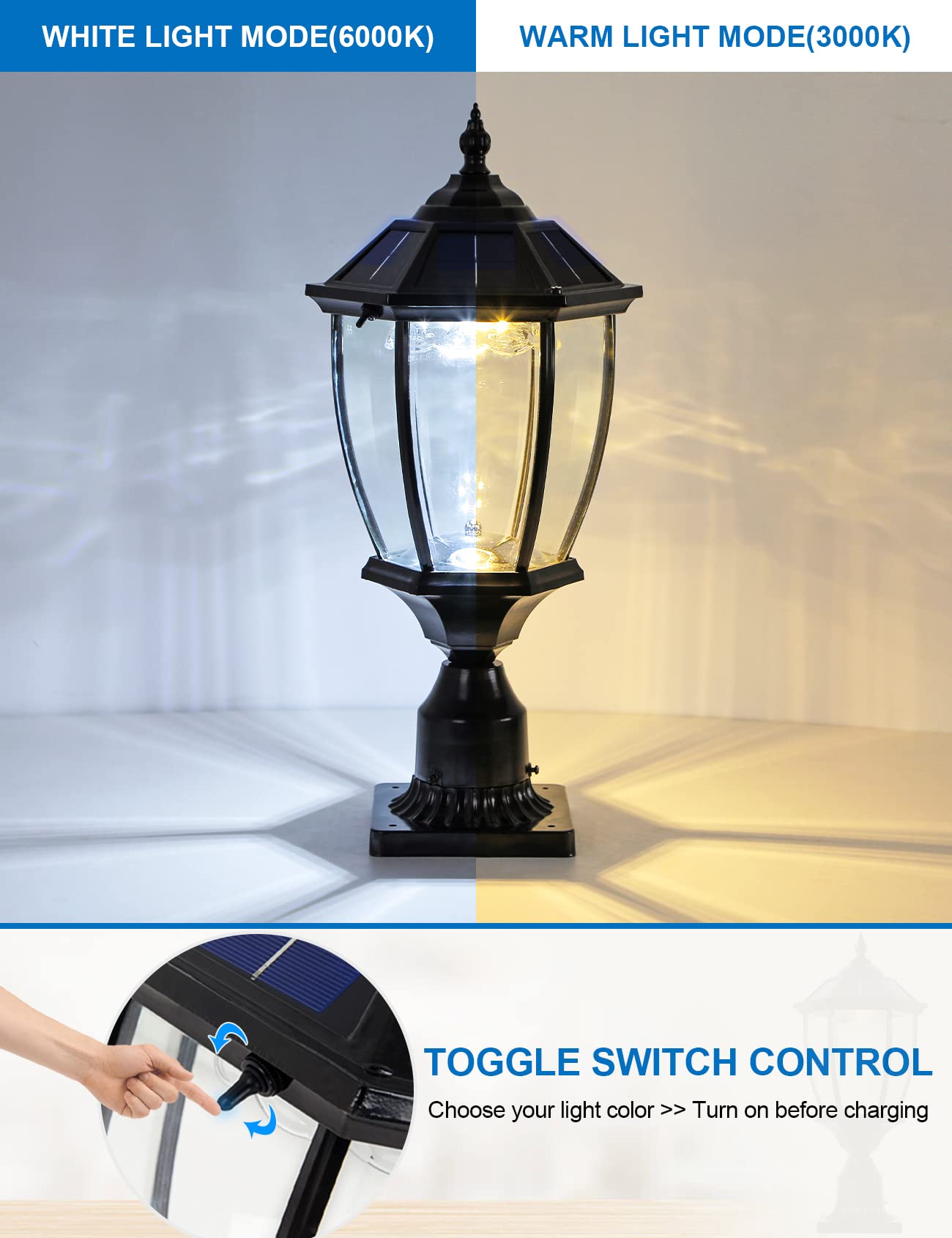 GYDZ Solar Outdoor Lamp Post Light, Dusk to Dawn, Waterproof, Aluminum, Black, Model 6531SE-BLACK, Ideal for Porch and Pathway