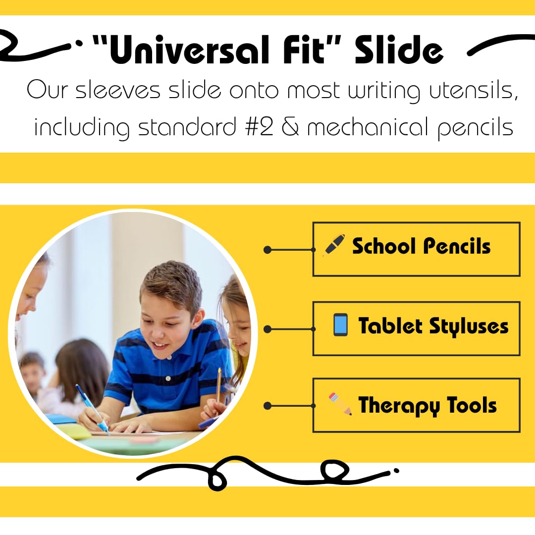 Write Right Learning Pencil Sleeves – Soft Textured Silicone Grip for Handwriting Support and Silent Fidgeting – Sensory-Friendly Tool for Students, Teachers, Therapists, and All Ages – 4 Pack
