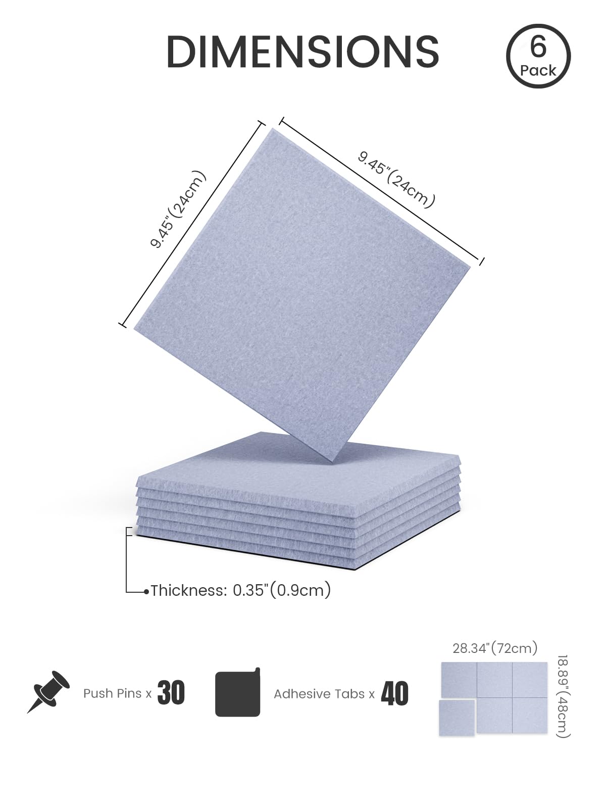 Felt Bulletin Board Tiles -28"x18" Cork Board Alternative for Office Decor, Push Pin Board Wall Organizer 6-Pack -Soft Periwinkle