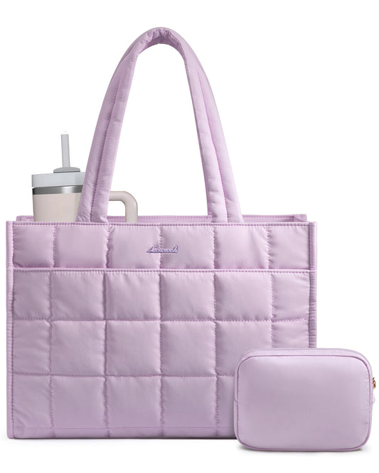 LOVEVOOK Tote Bag for Women, Puffer Work Handbag 15.6 Inch Laptop Purse for Nurse Teacher, Large Quilted Travel Tote Shoulder Bag with Zipper for College Office Clinical Gym, Light Purple