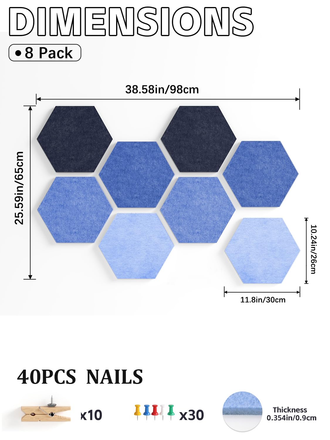 Uoisaiko 8 Pack Hexagon Felt Bulletin Board Tiles - 12" Large Thick Pin Board for Walls with 30 Push Pins, DIY Boards for Office Home School Decor, Aesthetic Hex Cork Board Alternative