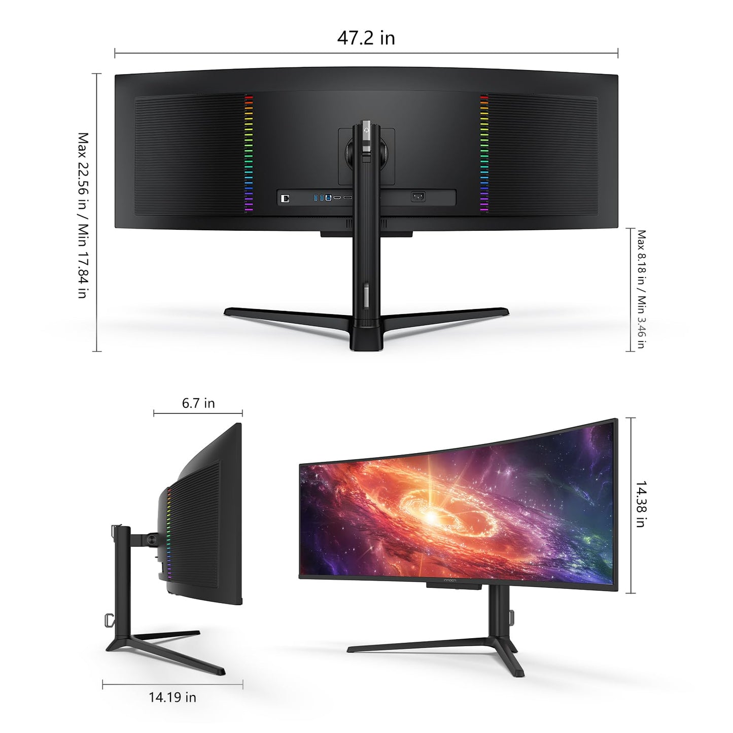 INNOCN 49" 49Q1S OLED Curved Gaming Monitor 5120 x 1440p 240Hz, 0.03ms, USB Type C 90W, HDMI 2.1, DisplayPort, USB Hub, Surrounding Speakers, Adaptive-Sync, Height Adjustable Stand, Black