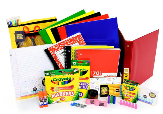 School Supply Boxes | Elementary School Bundle (1 Box) | Back to School Essentials Kit for Students & Teachers | Includes Wide-Ruled Paper Products, Crayons, Markers, Colored Pencils, & More