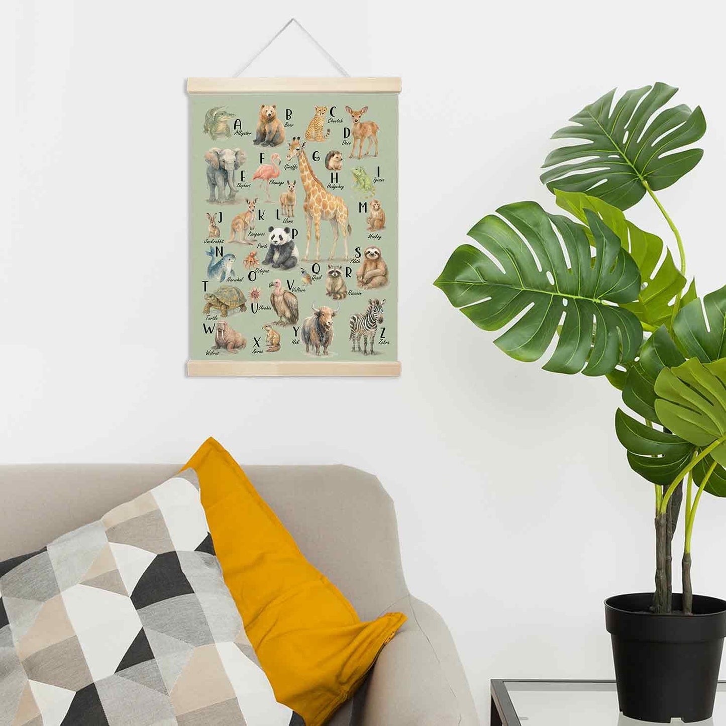 Xmsaitar Classroom Animals Zoo Alphabet Poster Hanger Frame Wall Decor, Green ABC Prints for Wall Hanging Decor Art, Nursery Educational Banner for Kids Toddler Room Dorm Playroom Preschool 12x16in