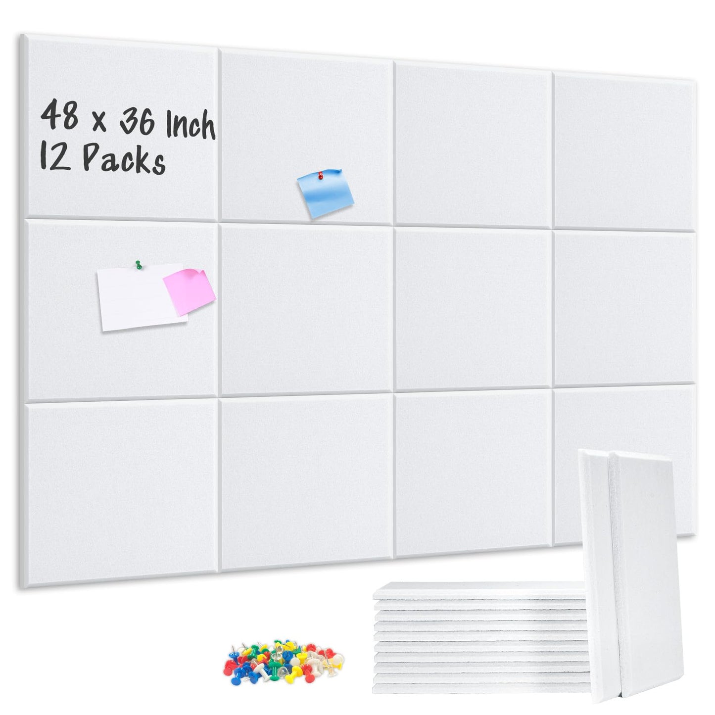 DOLLAR BOSS Large Cork Board for Wall 48" x 36" x 0.5" Bulletin Board 12 Packs Corkboard Tiles Self Adhesive Felt Wall Tiles for Office Home School, White