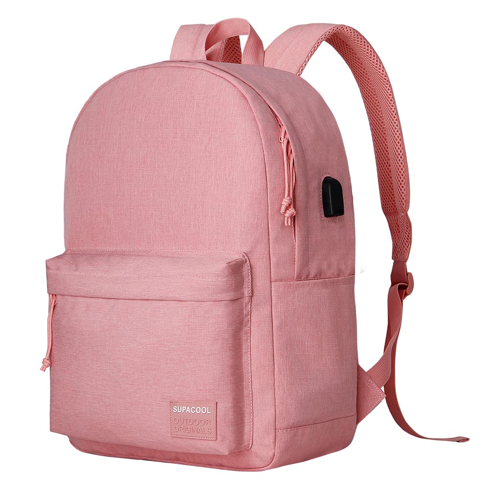 SUPACOOL Casual Laptop Backpack for Men and Women, Backpack for College, USB Charging Port, Lightweight Pack Back(Pink)