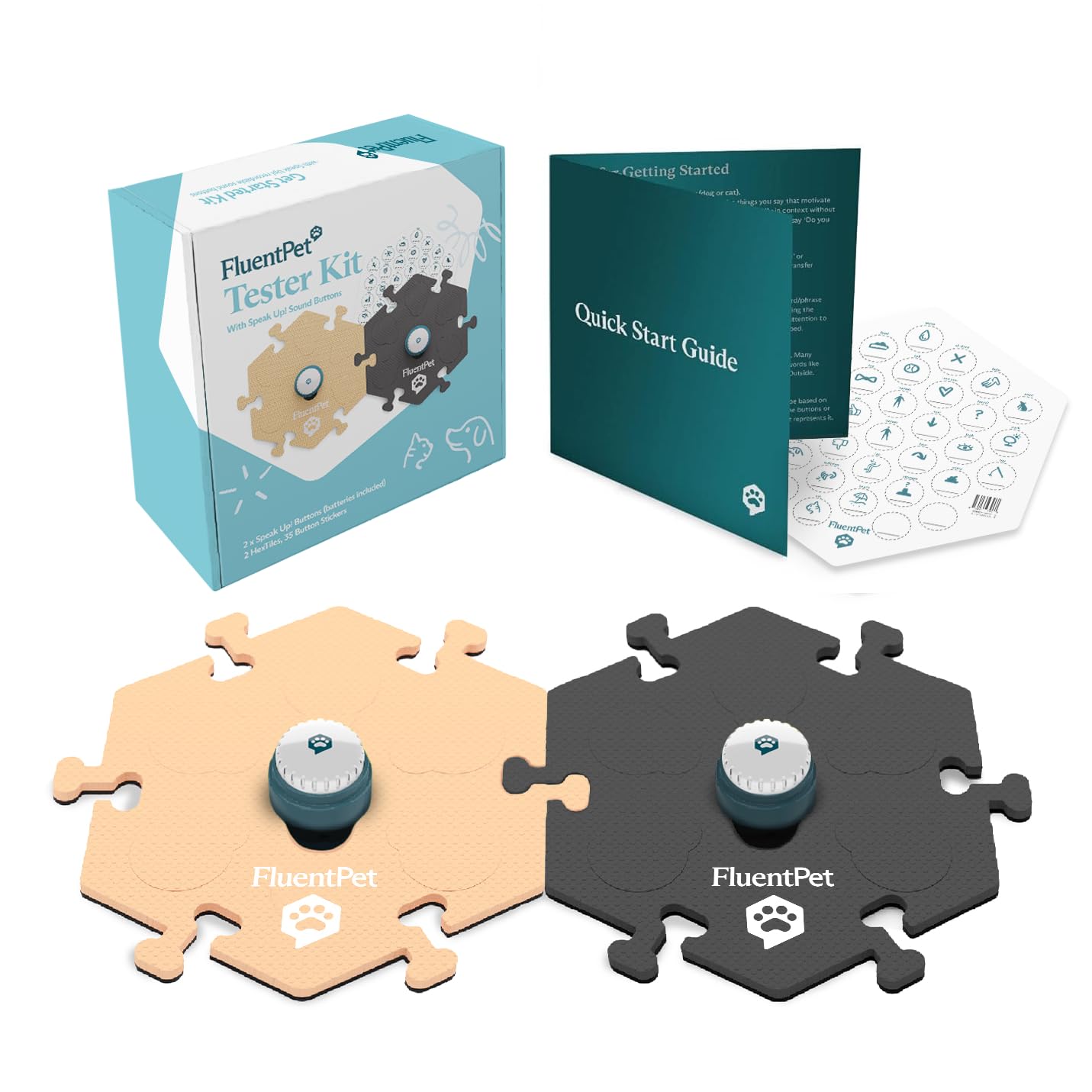 FluentPet Speak Up! Tester Kit - Set of 2 Dog Talking Buttons with Pre-Installed Batteries & 2 HexTiles -| Pet Buttons for Communication
