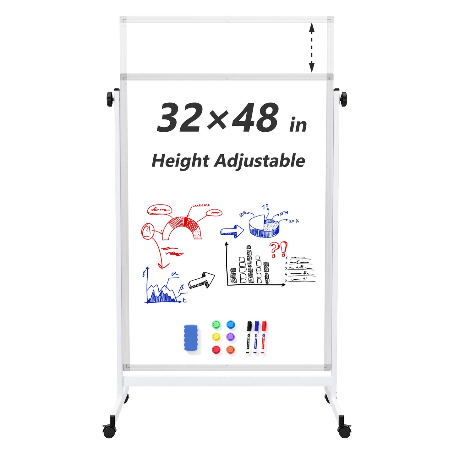 Large Rolling Whiteboard on Wheels, 48" x 32" Height Adjustable Mobile White Board with Stand, Portable Standing Magnetic Dry Erase Board Easel for Home Office Classroom School, Silver