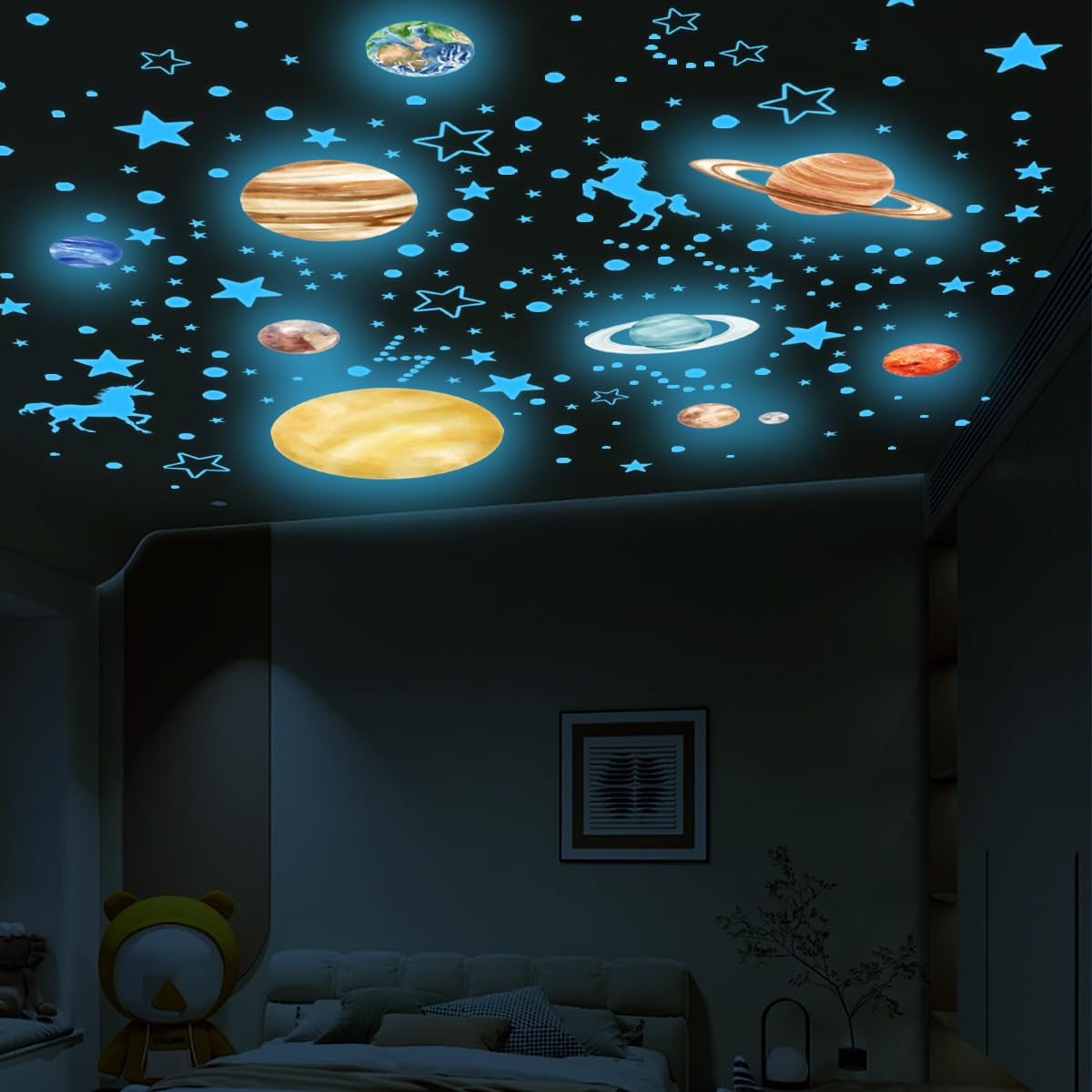 Glow in The Dark Stars and Planets Wall Decals Bright Solar System Wall StickersSpace Stickers for Kids Room Decor (Blue) Birthday Christmas Gift for Boys and Girls