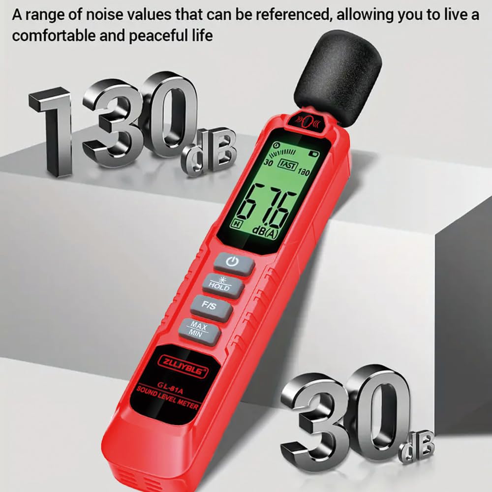 ZLLJYBLG GL81A Decibel Meter, 30-130dB Digital Sound Level Meter with A-Weighted, Fast/Slow Response, Max/Min Hold, Backlit Display, Noise Tester for Home, Work, Factory, Classroom（Red）