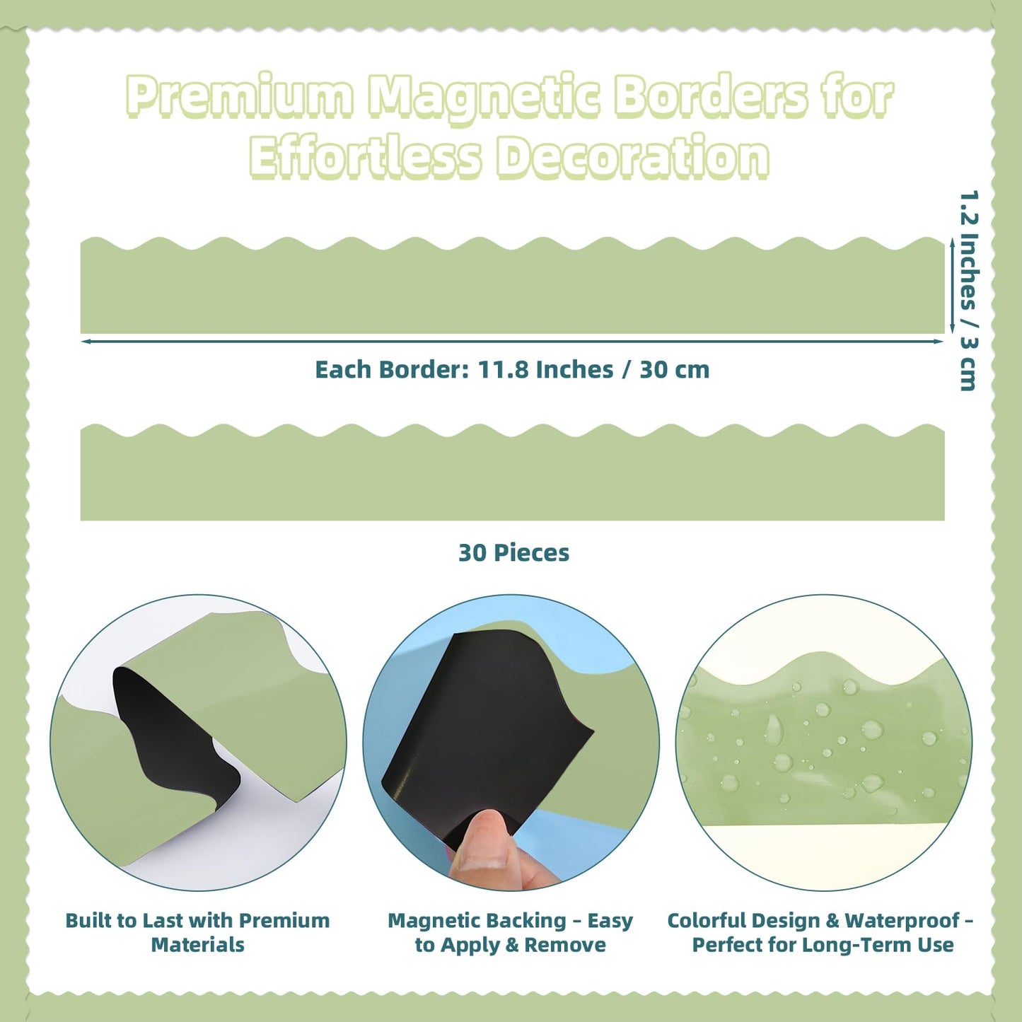 30 Pcs Magnetic Borders for Classroom Whiteboard - Light Green Magnetic Bulletin Board Border Set - Scalloped Chalkboard Border Strips for Teachers, Parents, DIY Home,School & Office Decoration