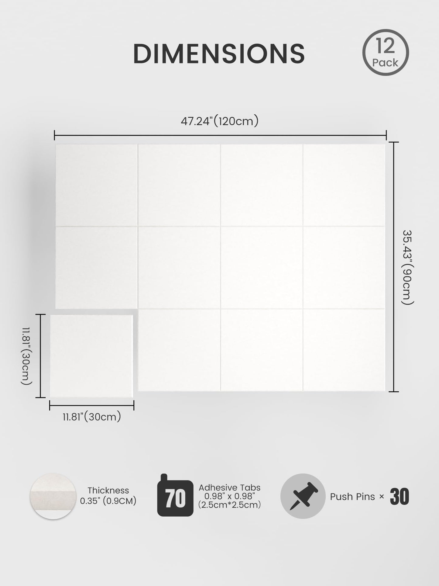 Bumusty Large Cork Board 48" x 36" Alternative - 12 Pack Felt Wall Tiles with 70 Safe Removable Adhesive Tabs, 30 Pushpins, Cork Boards for Walls Pin Board Bulletin Board Office Decor (Milky White)