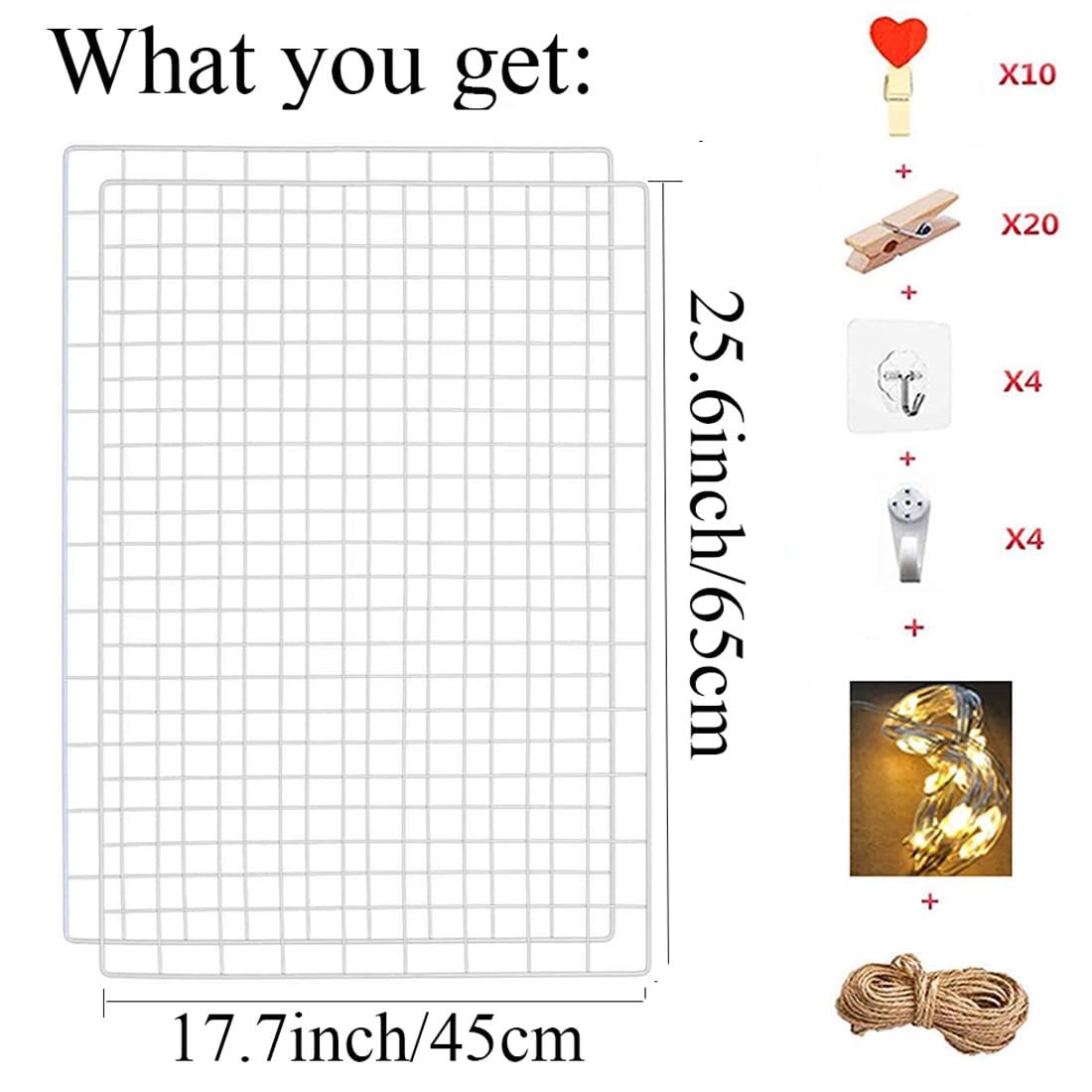 GBYAN 2 Pack Large Wall Grid Panels with Light and Clips, Photo Display Board, Picture Frame Collage Board, Wire Grid Wall Panel Room Decoration,White