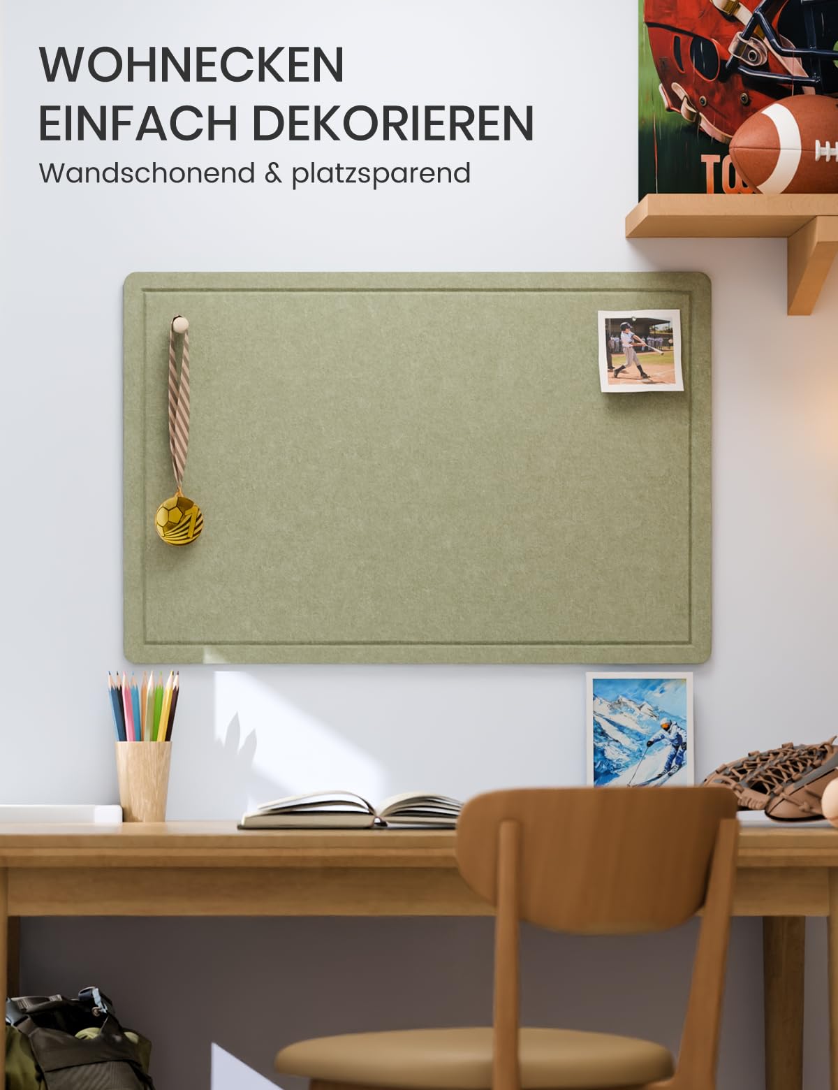 Fluxynara Bulletin Board, 35.4" x 23.6" Cork Board Alternative with 12 Safe Removable Adhesive Tabs, Foldable Felt Pin Board for Home Office, Classroom, Bedroom,Entryway for Walls—Sage