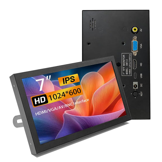 JniTyOpt 7 Inch Mini Monitor HDMI, Portable Vga Monitor with AV BNC 1024×600 LCD Screen with Built-in Speakers,IPS Multi-Function Small Display for Raspberry Pi PC/TV/DVD/CVBS
