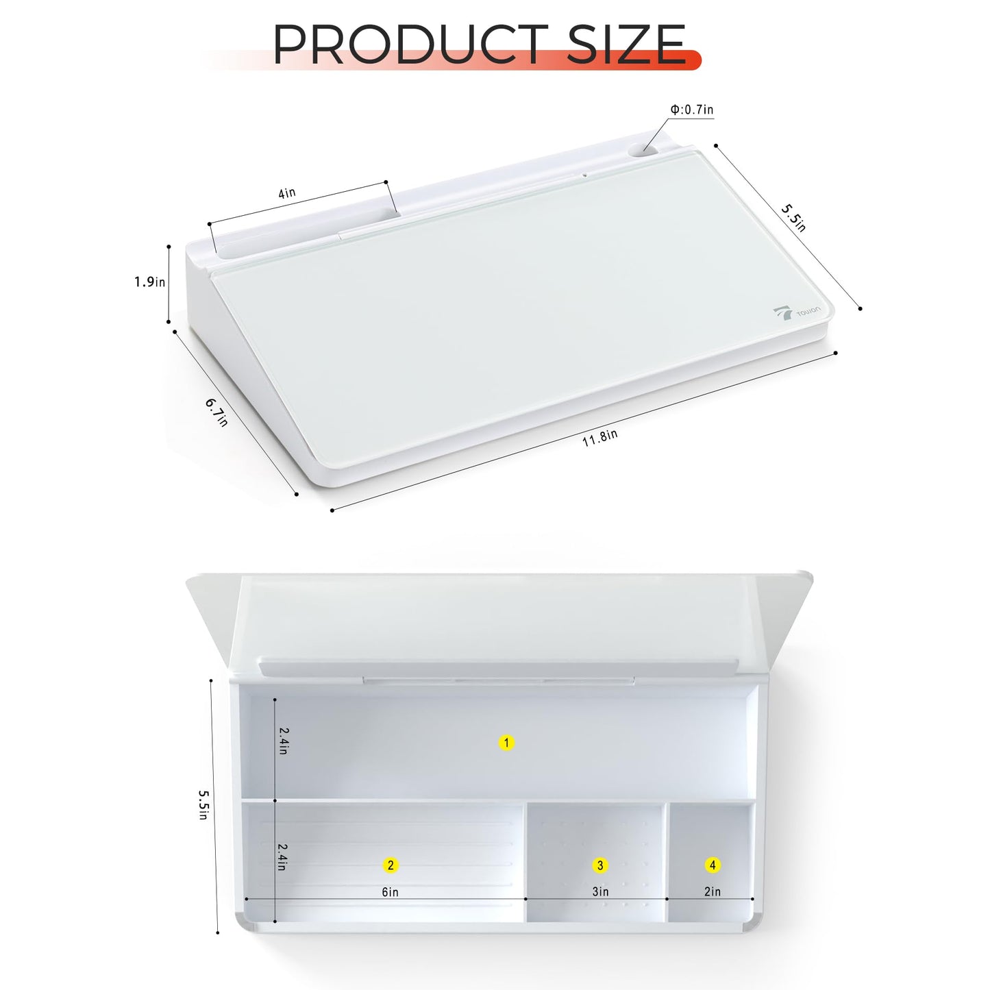 TOWON Small Compact Glass Desktop Whiteboard with Storage – 12 x 7 in Dry Erase Board for Desk, Home Office, School | Includes 5 Markers, Eraser & Holder | Space-Saving Organizer, Aesthetic White
