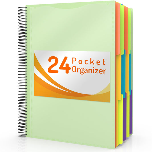 Forvencer 24 Pocket Project Organizer, 1/3-cut Tab Binder Organizer with Sticky Labels, Multi Pocket Folder with Zipper Pouch, Folder Binder Spiral Pocket Notebook, Office Supplies