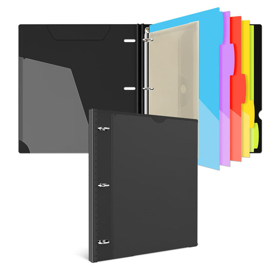 INFUN 1 Inch 3-Ring Telescoping Project Organizer Binder,13 Pocket, Customizable Front Cover, 5 Colors Pocket Divider and Plastic Binder Pocket，225 Sheet Capacity-Black