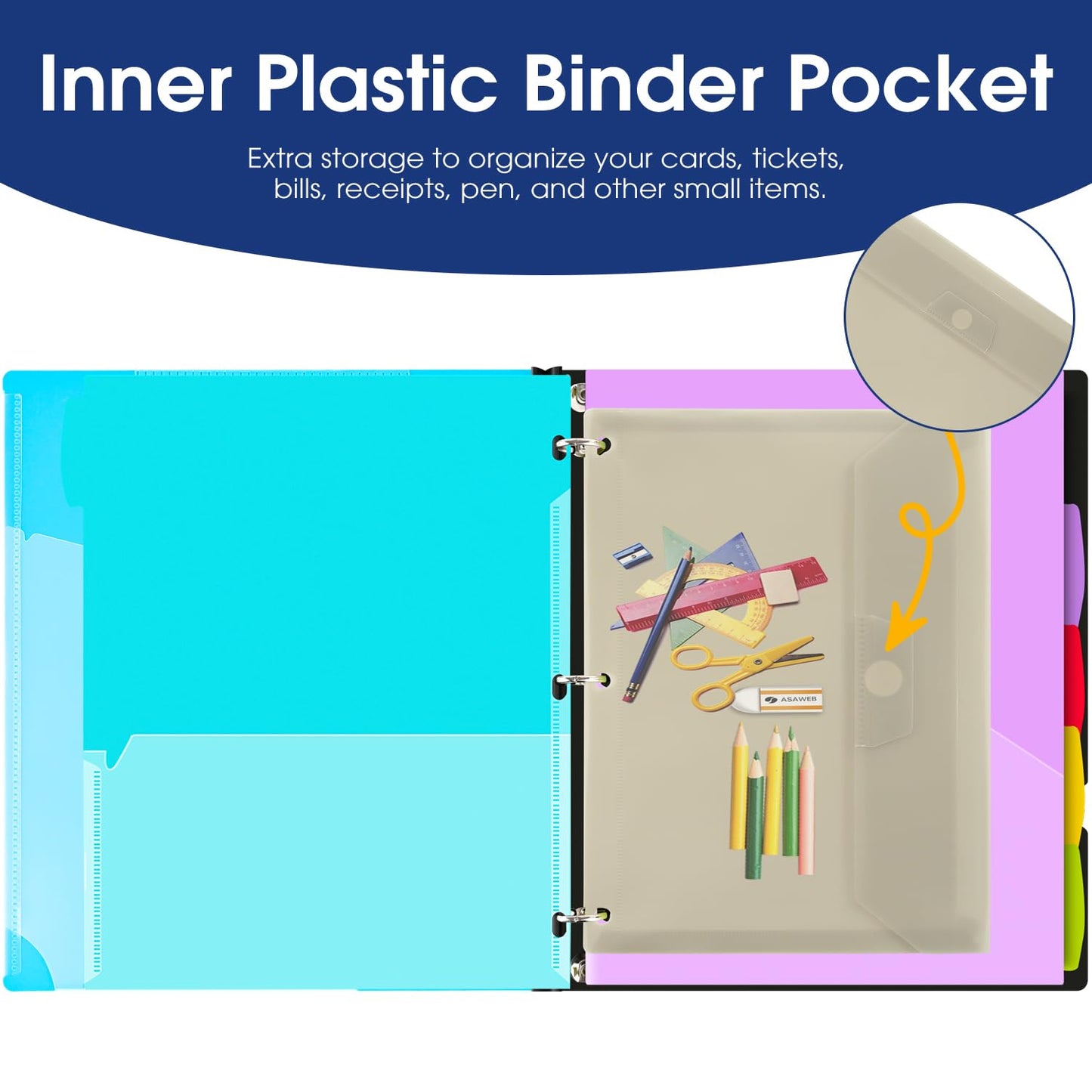 INFUN 1 Inch 3-Ring Telescoping Project Organizer Binder,13 Pocket, Customizable Front Cover, 5 Colors Pocket Divider and Plastic Binder Pocket，225 Sheet Capacity-Blue