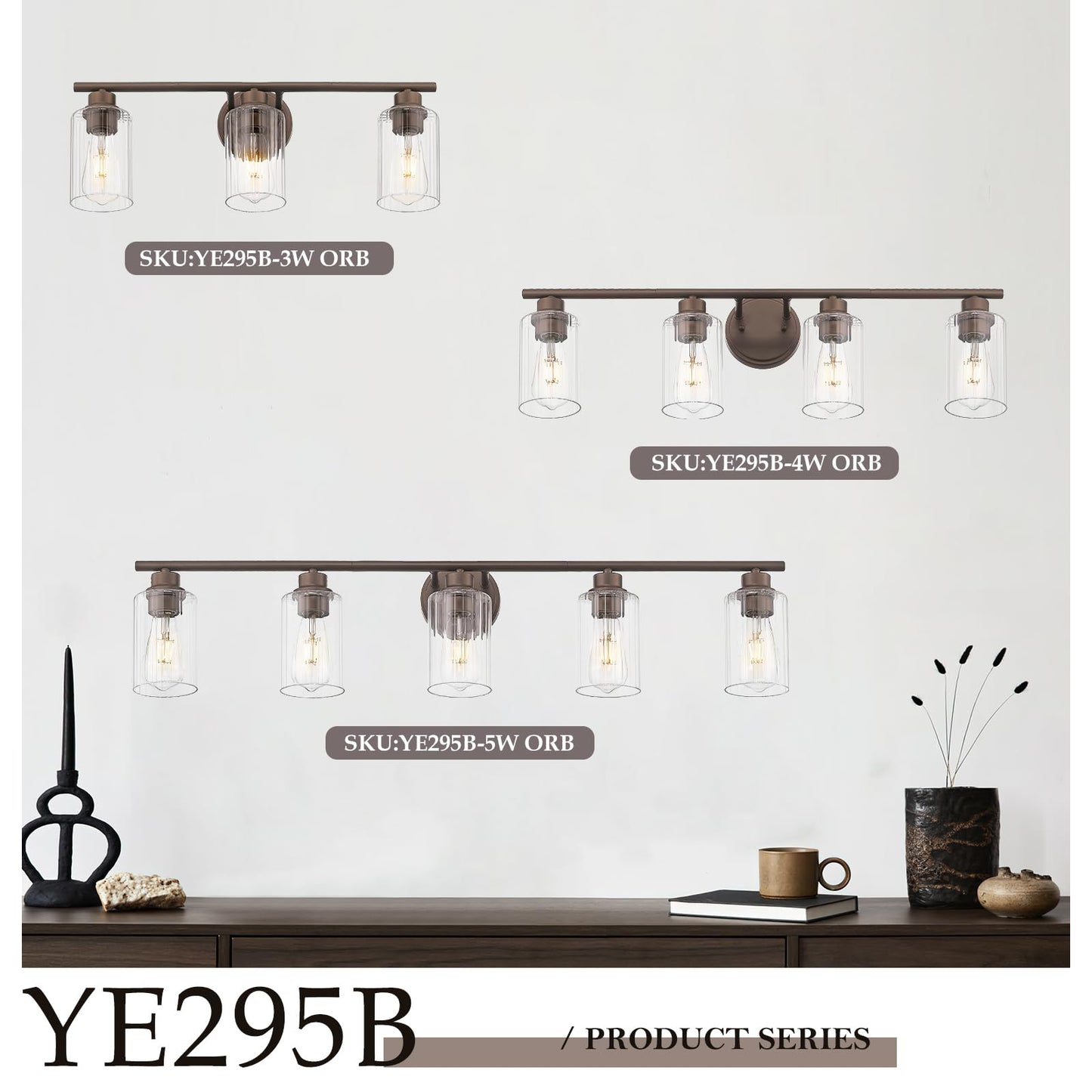 Emliviar 3-Light Vanity Light Fixture, Oil Rubbed Bronze, Fluted Ripple Glass, 23.5 Inch, Model YE295B-3W ORB