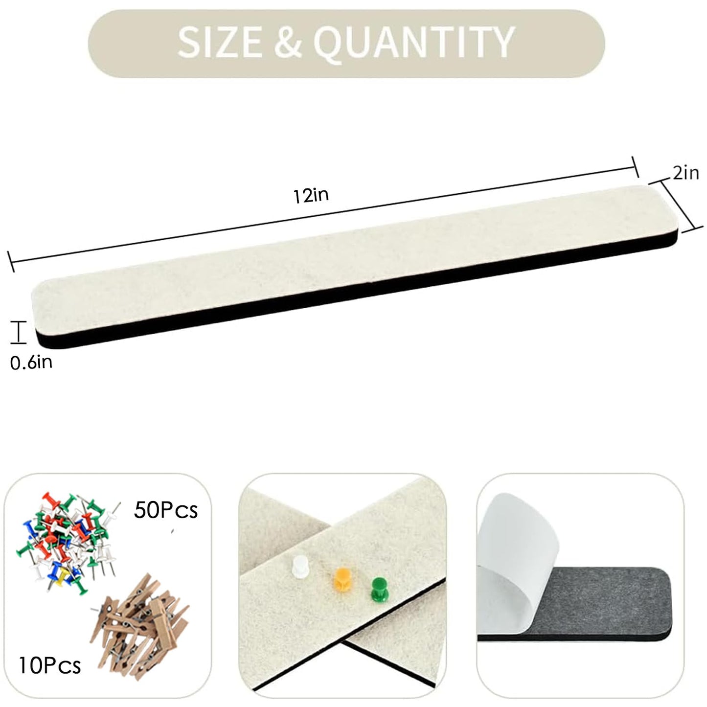 Vuzvuv 8 pcs Bulletin Board Bar Strips with 50 Pushpins & 10 Wooden Clip pins，Self Adhesive Cork Board for Wall，Felt Pin Board for School，Office Decor(Cream White)