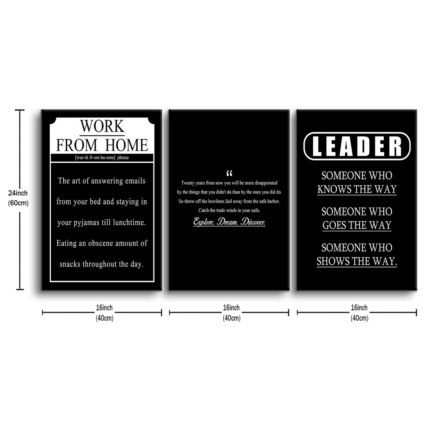 YSPCSUN Triptych Wall Decor Inspirational Posters for Office, Black White Work from Home Leader Quote 3 Panel Canvas Prints for Home Office Dorm Workspace, 48x24 Inch Display