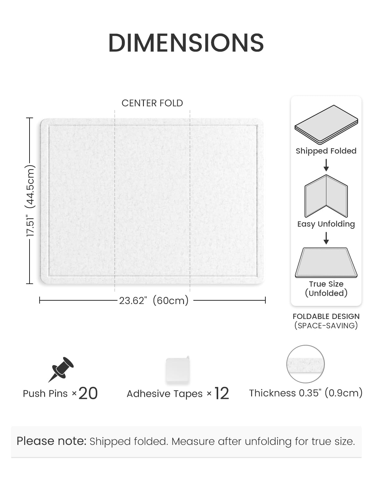 Fluxynara Bulletin Board, 23.6" x 17.5" Cork Board Alternative with 12 Safe Removable Adhesive Tabs, Foldable Felt Pin Board for Home Office, Classroom, Bedroom,Entryway for Walls—Light Gray