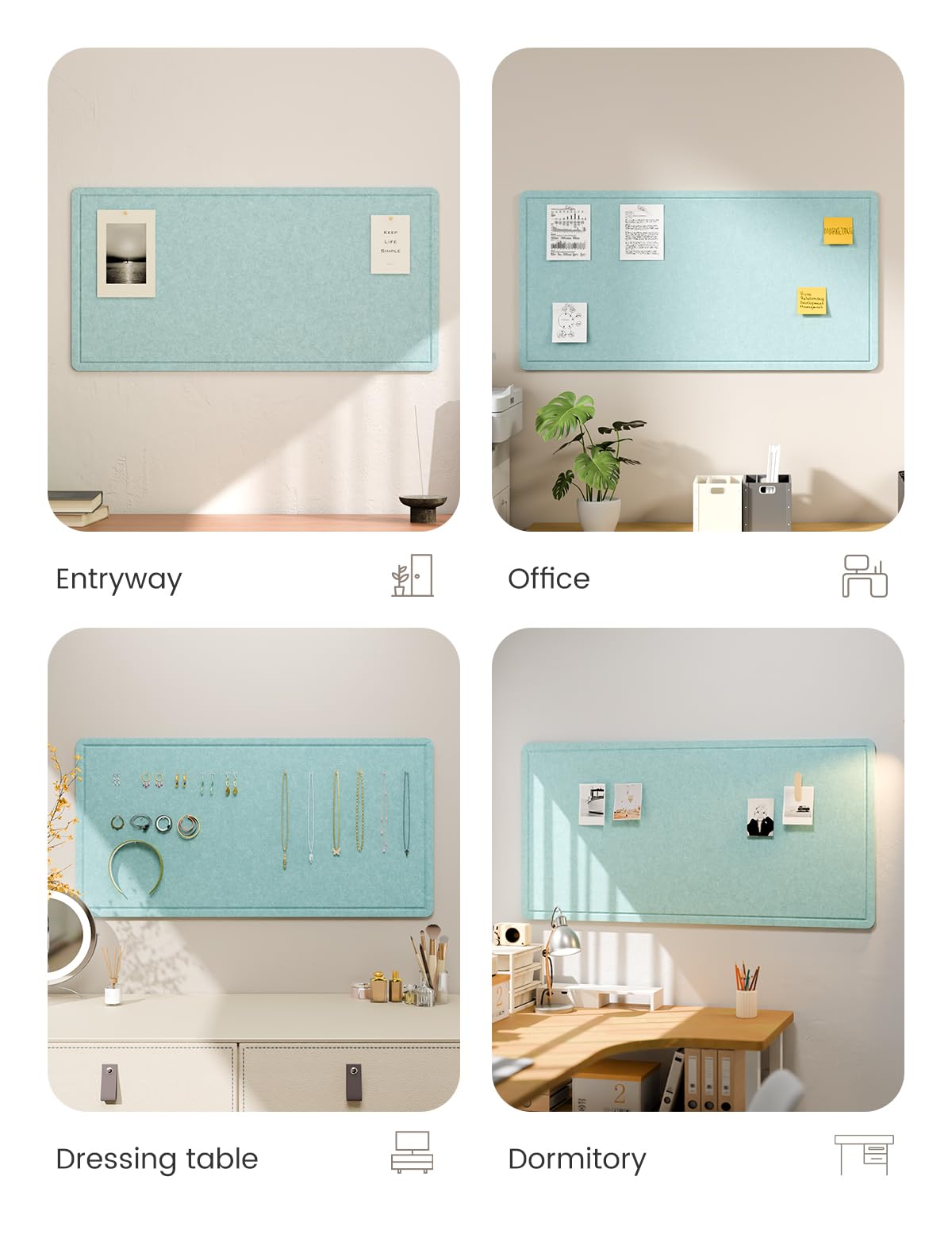Fluxynara Bulletin Board, 35" x 17.5" Cork Board Alternative with 12 Safe Removable Adhesive Tabs, Foldable Felt Pin Board for Home Office, Classroom, Bedroom,Entryway for Walls—Aqua Blue