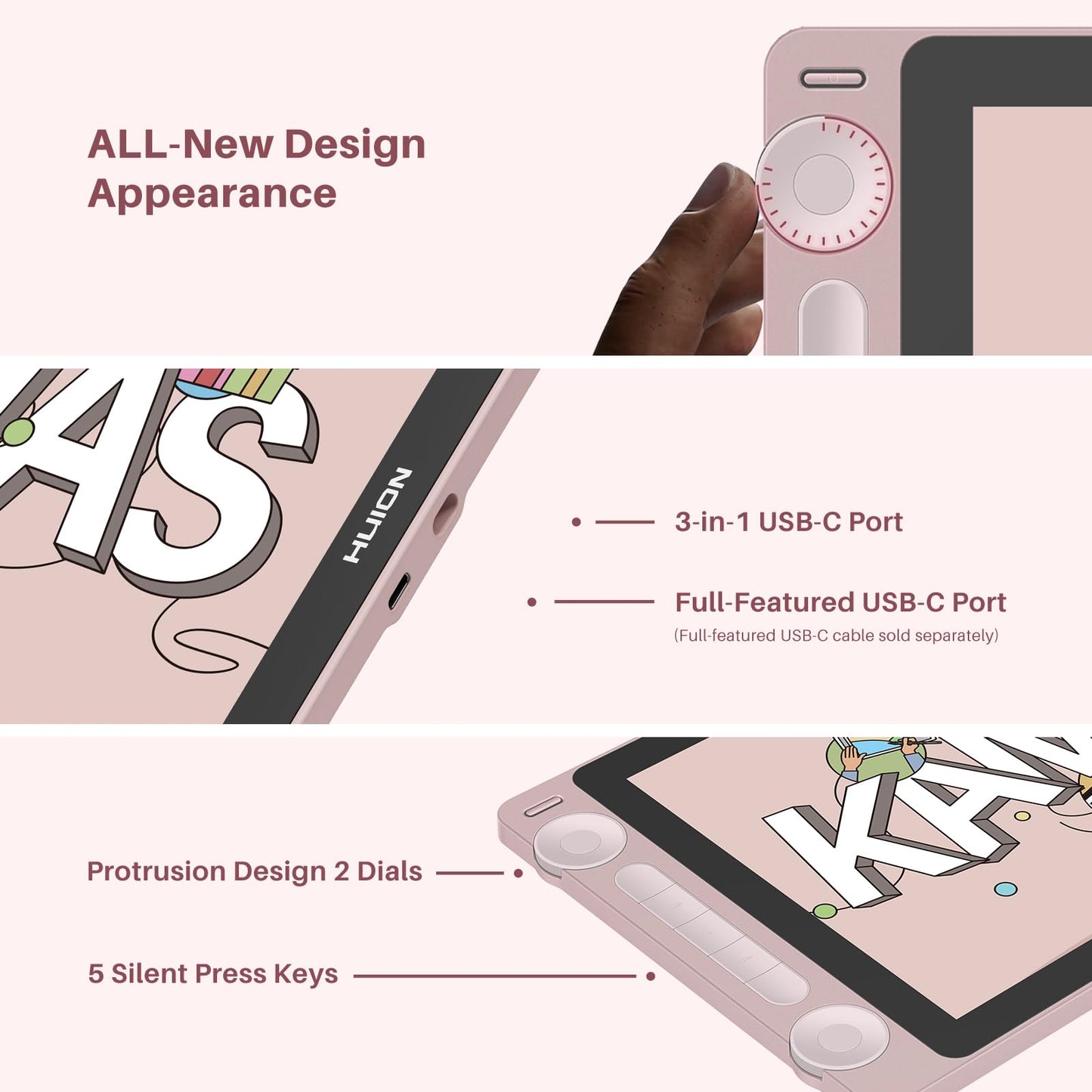 HUION Kamvas 13 (Gen 3) Drawing Tablet with Screen, Full-Laminated Graphic Tablet with Anti-Sparkle Canvas Glass, PenTech 4.0, 16384 Pen Pressure, Dual Dial & 5 Custom Keys for PC, Mac, Android, Pink