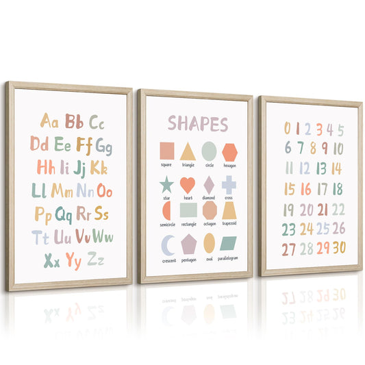 Kids Playroom Wall Art Decor Nursery ABC Alphabet Poster Play Room Canvas Wall Decor Toddler Childrens Educational Artwork Numbers Shapes Prints ABC Picture for Playroom 12x16 Inch Framed Set of 3