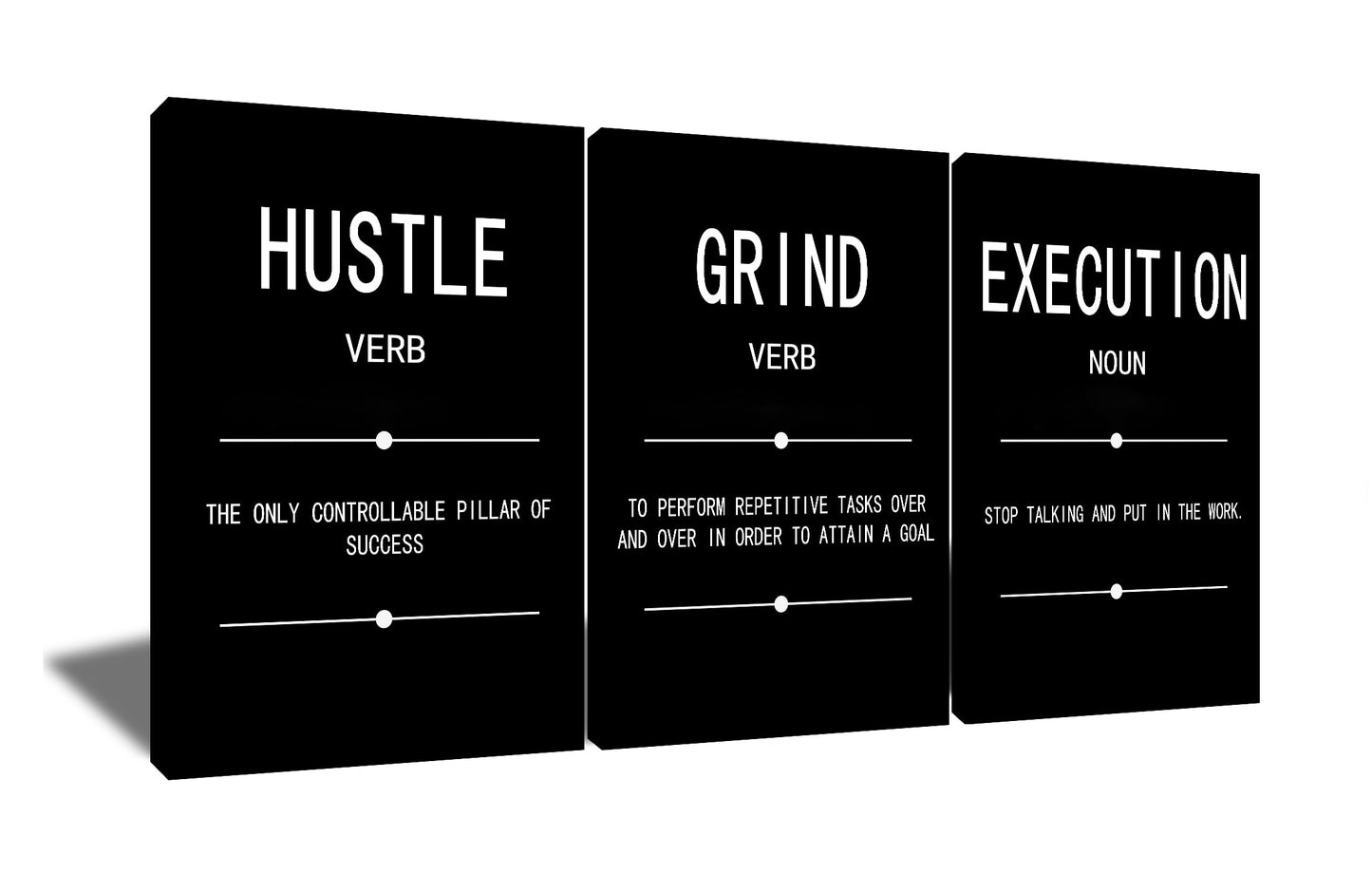Motivational Wall Art Grind Hustle Execution Noun Poster Inspirational Quotes Painting 3 Pieces Canvas Print Office Decor Inspiring Framed for Wall Art Decoration Ready to Hang [72''Wx 36''H]