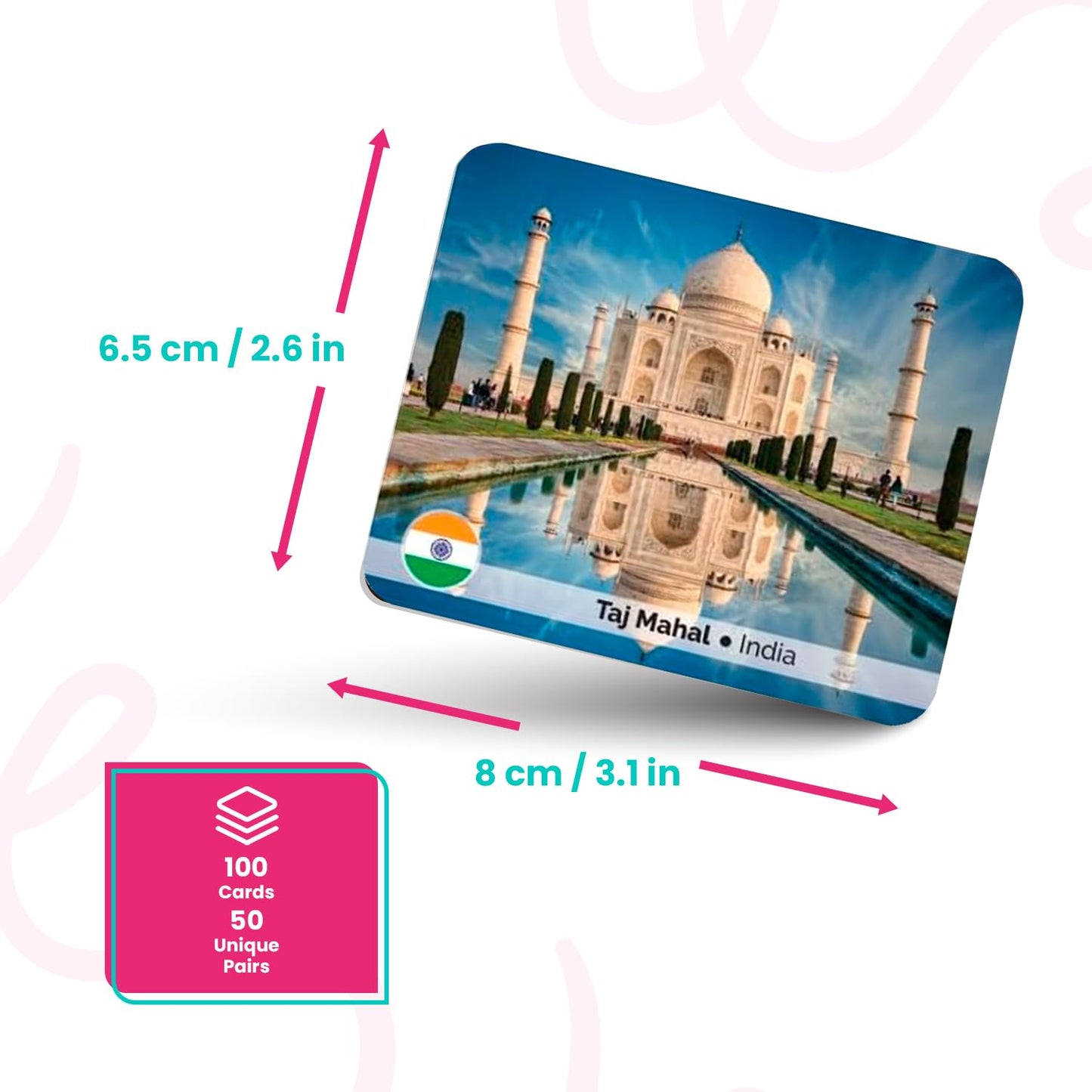 Menique Explore the World Memory Matching Game – 100 Cards (50 Pairs) with Famous Landmarks from 50 Countries – Includes Flag, Country & Place – Educational Geography Game + Informative Booklet