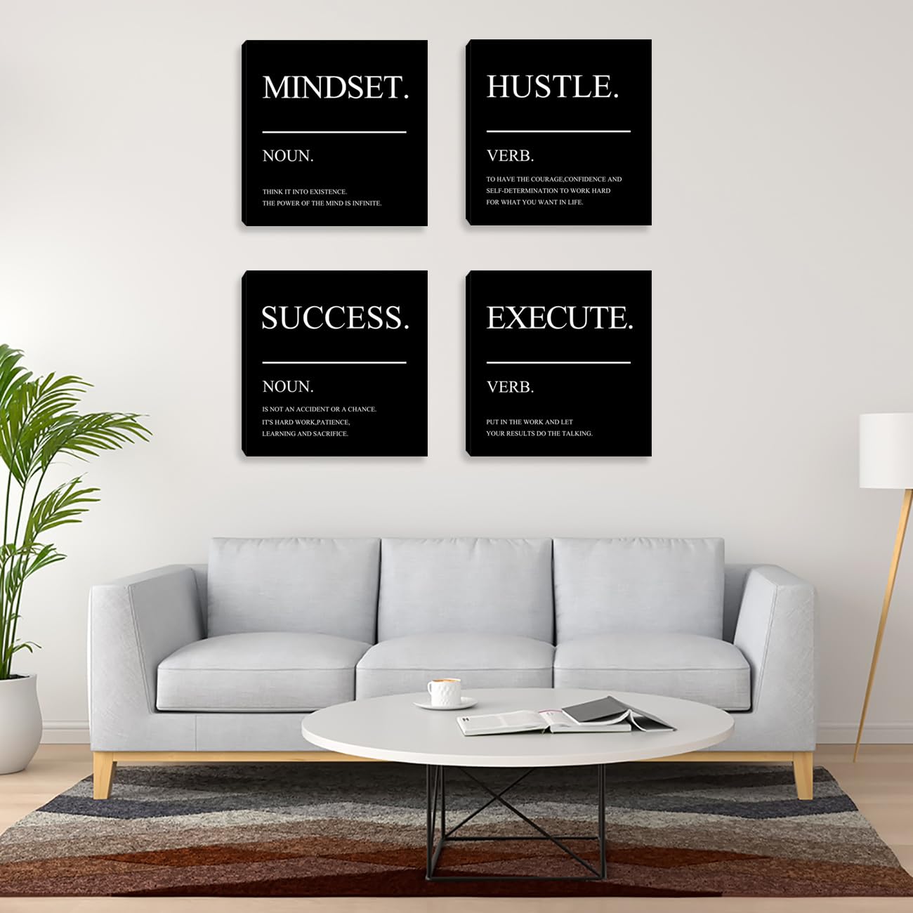 Framed Motivational Wall Art for Home Office - Inspirational Hustle Canvas - Mindset Decor for Living Room, Bedroom, Men's Office - 12"x12"x4PCS