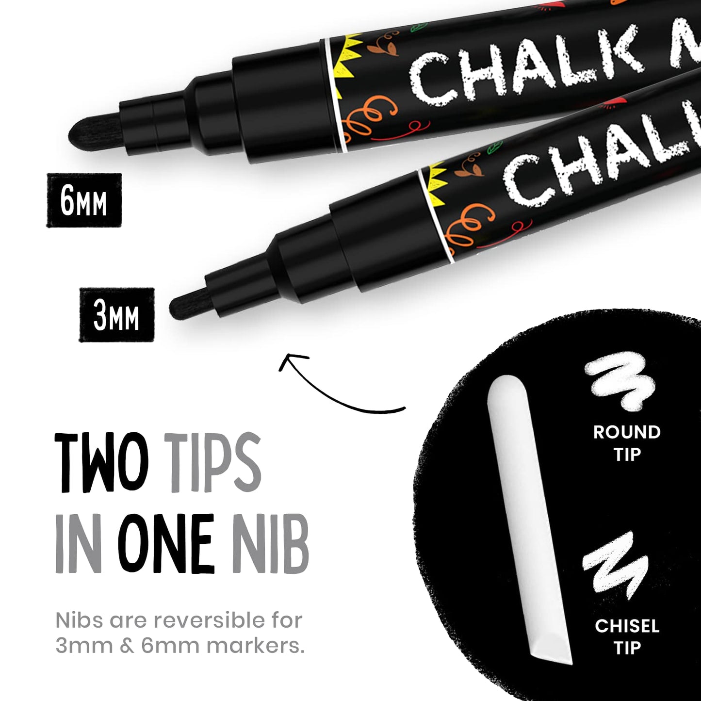 5 Black Chalkboard Chalk Markers - Black Dry Erase Markers for Blackboard, Chalkboard Signs, Windows, Glass | Variety Pack - Fine & Jumbo Size Ink Pen (1mm, 3mm, 6mm, 10mm, 15mm)