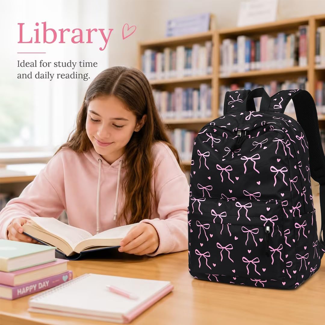 LOIDOU Backpack for Teen Girls Bookbags School Backpack with Lunch Box and Pencil Case 3 in 1 School Bags Set (Black Bow-Tie)