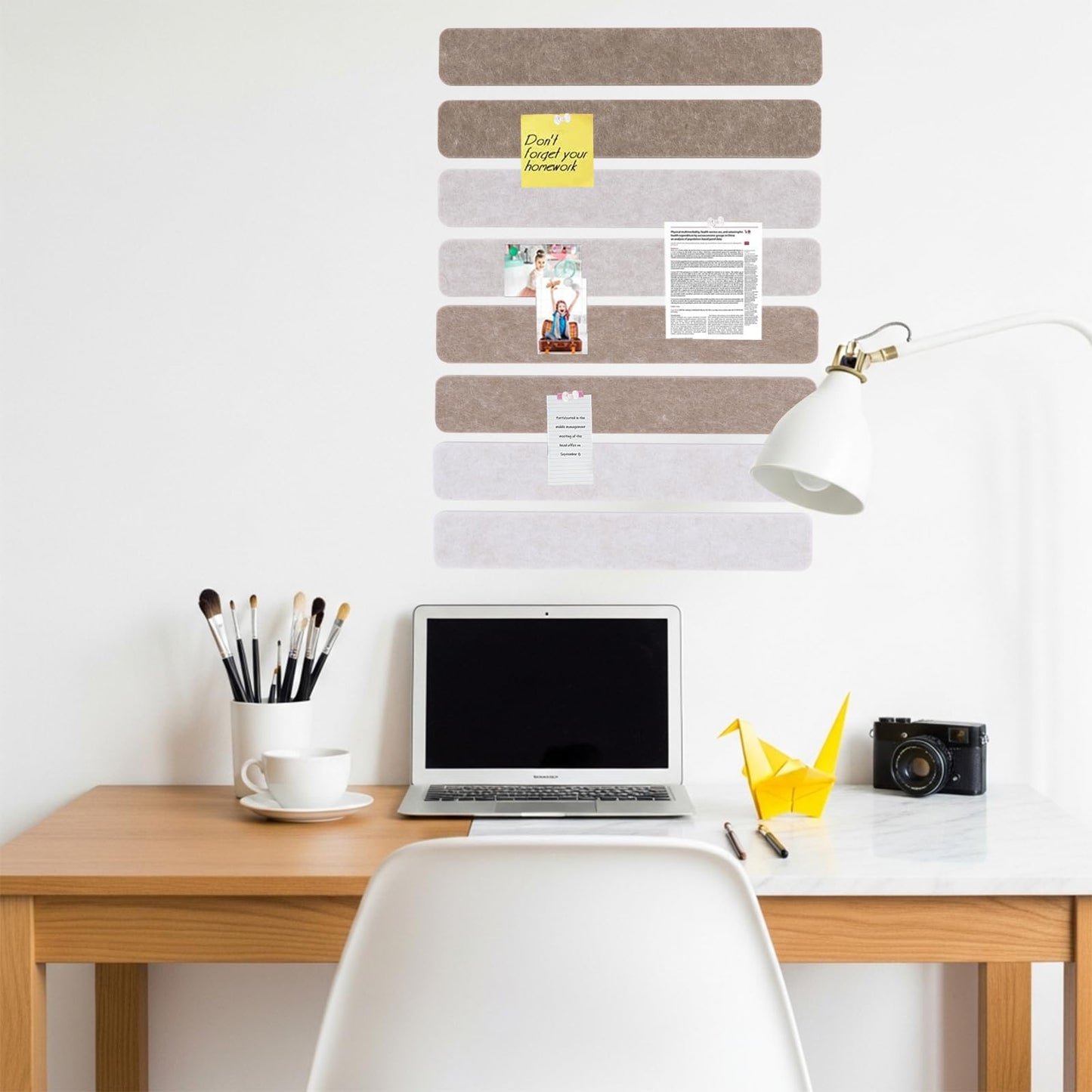 Vuzvuv 8 pcs Bulletin Board Bar Strips No Adhesive Backing with Glue Points ，Self Adhesive Cork Board for Wall，Felt Pin Board for School，Office Decor(Mix-Brown)