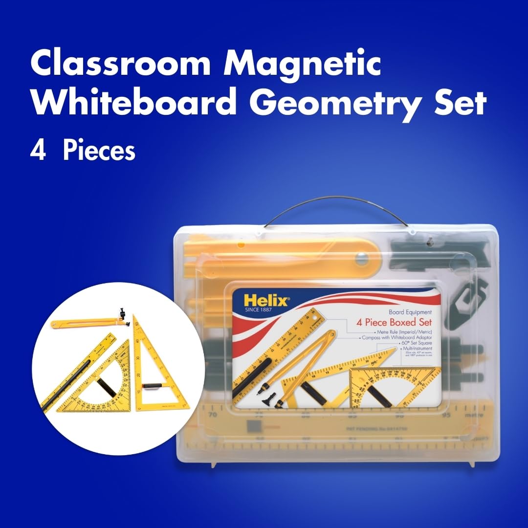 Helix Magnetic Whiteboard Geometry Set – 4 Piece Teaching Kit for Classroom – Large Magnetic Math Tools for Whiteboards & Blackboards – Durable, Easy to Store