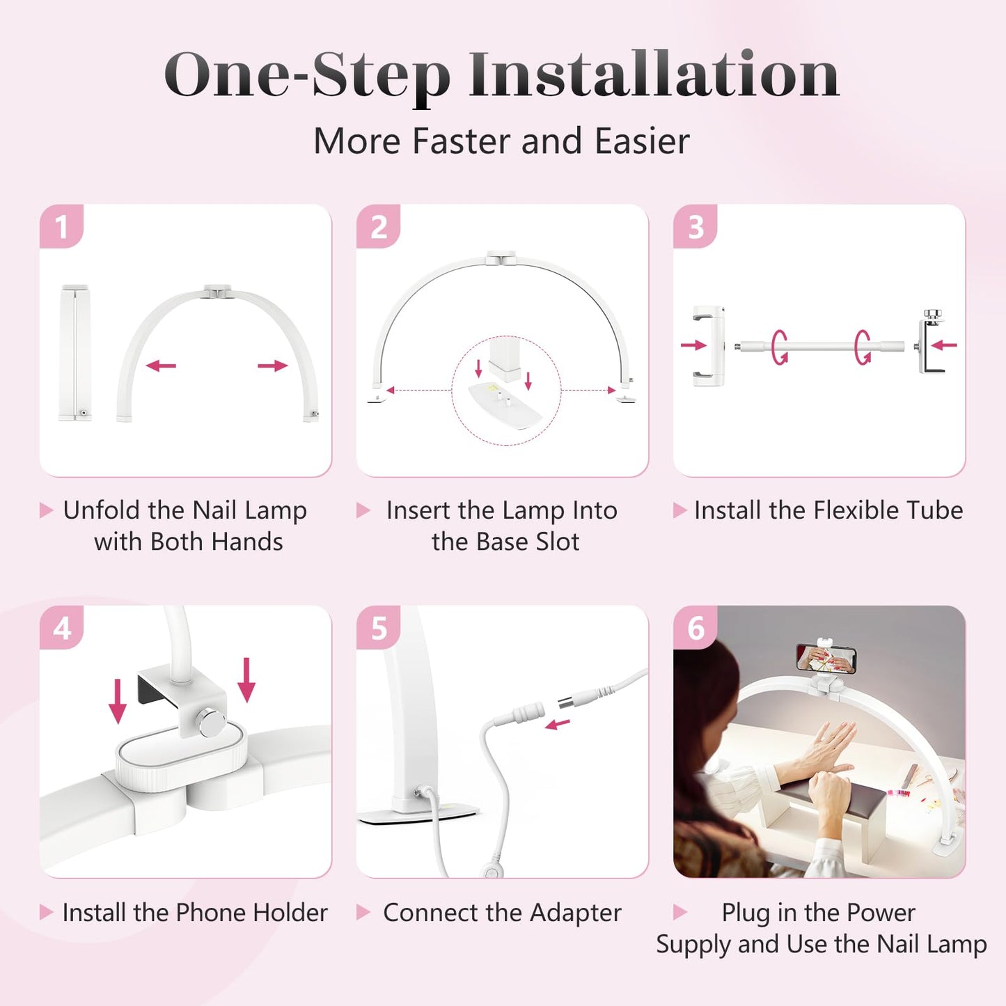 Yokilly Half Moon Nail Desk Lamp with Phone Holder, 23in, Aluminum, 3 Color Modes, 10 Brightness Levels, Small, White